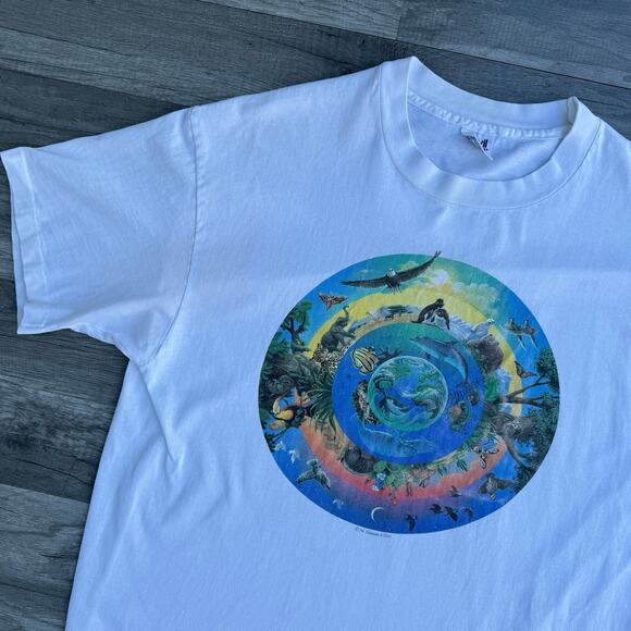 Vintage 90s Human-i Animals Circle Nature T-Shirt Single Stitch Size XL - Picture 1 of 10